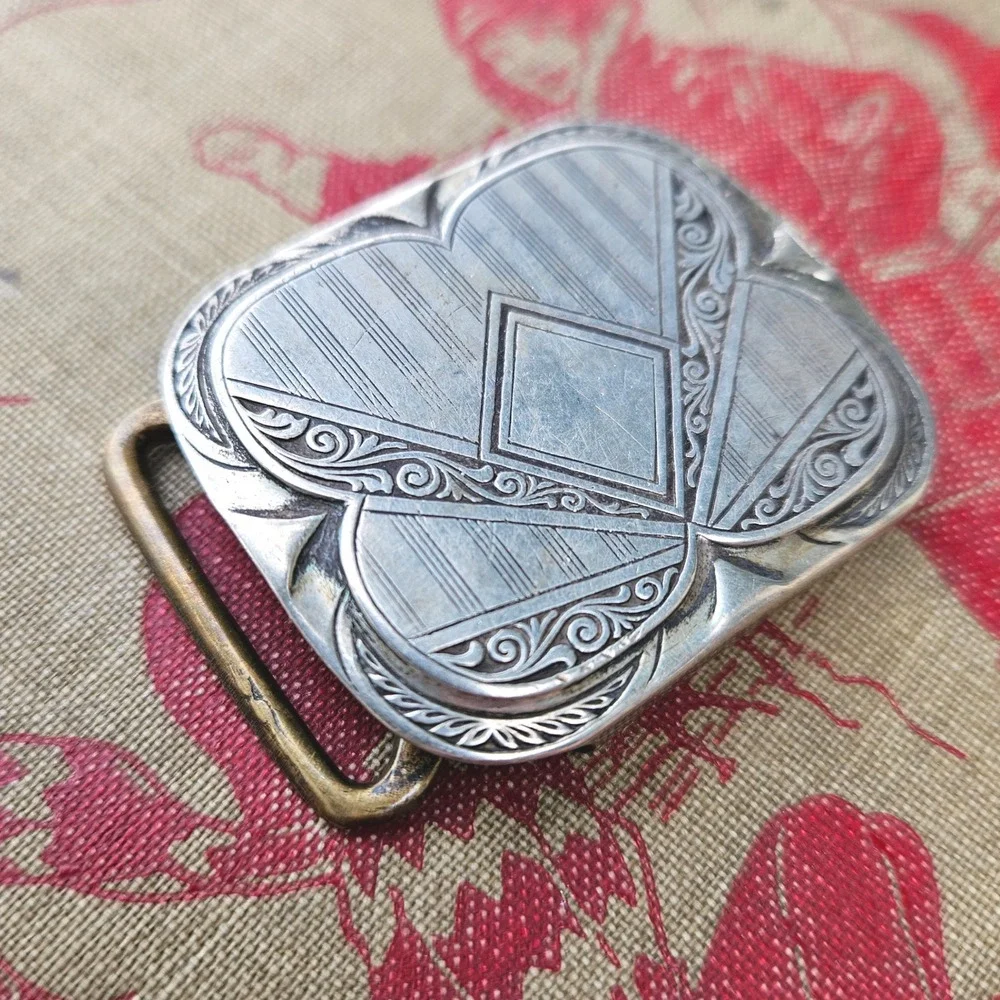 Vintage Antique 20s 30s Art Deco Silver Plate Geometric Scrollwork Belt Buckle